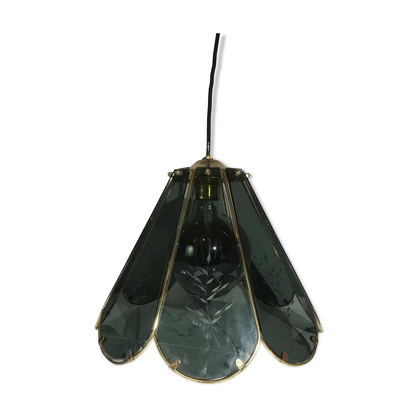 Vintage chandelier in smoked glass and gold metal
