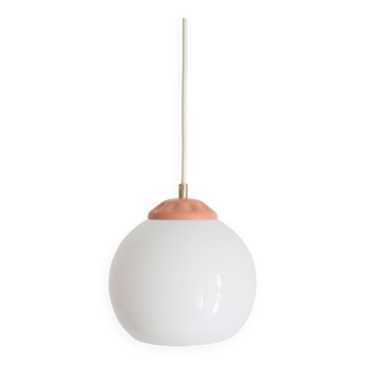 Vintage pendant lamp from milkglass lampshade with pink detail