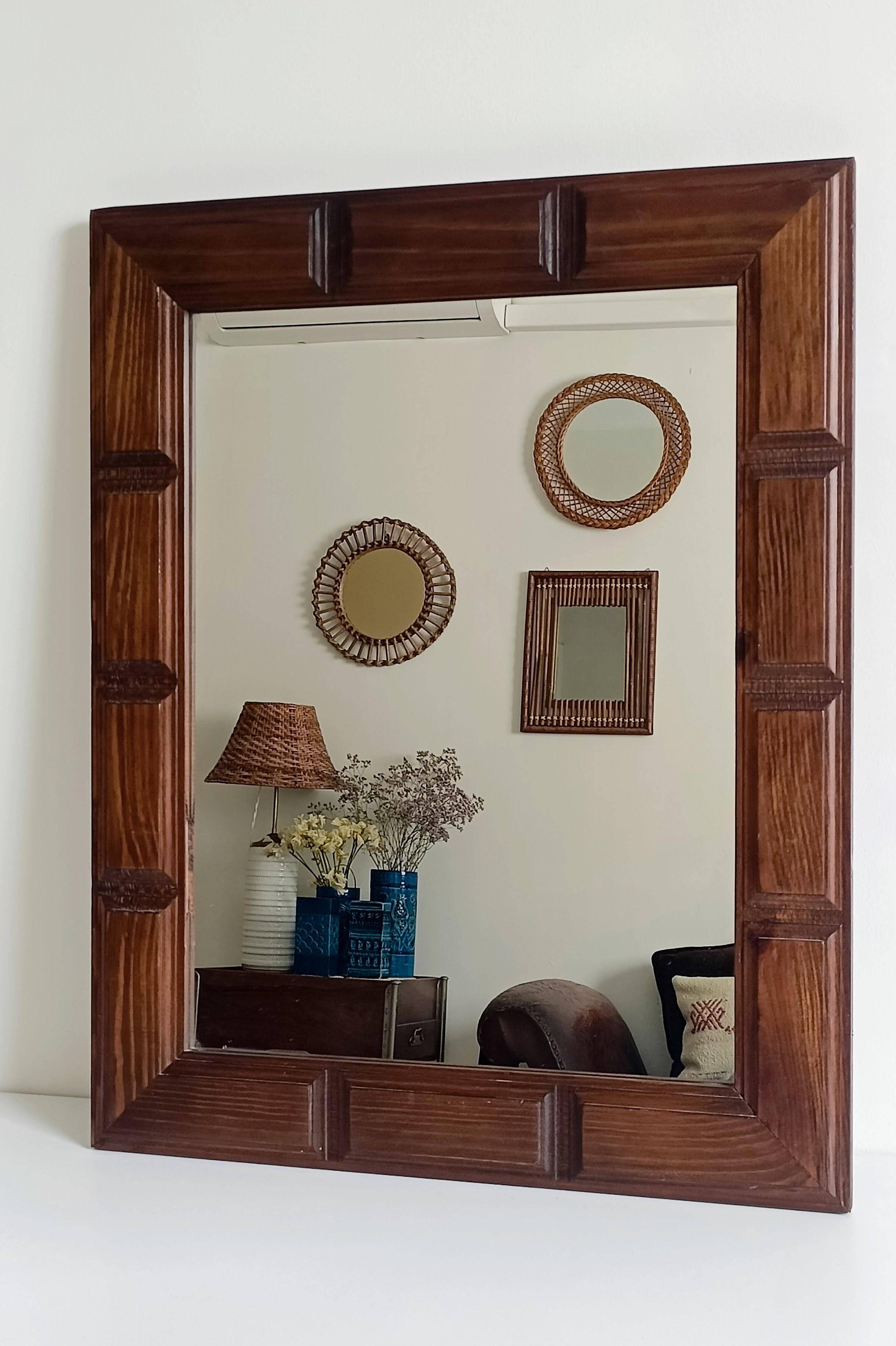 Mid-Century Spanish Oak Wall Mirror– Castilian Style, 1950s
