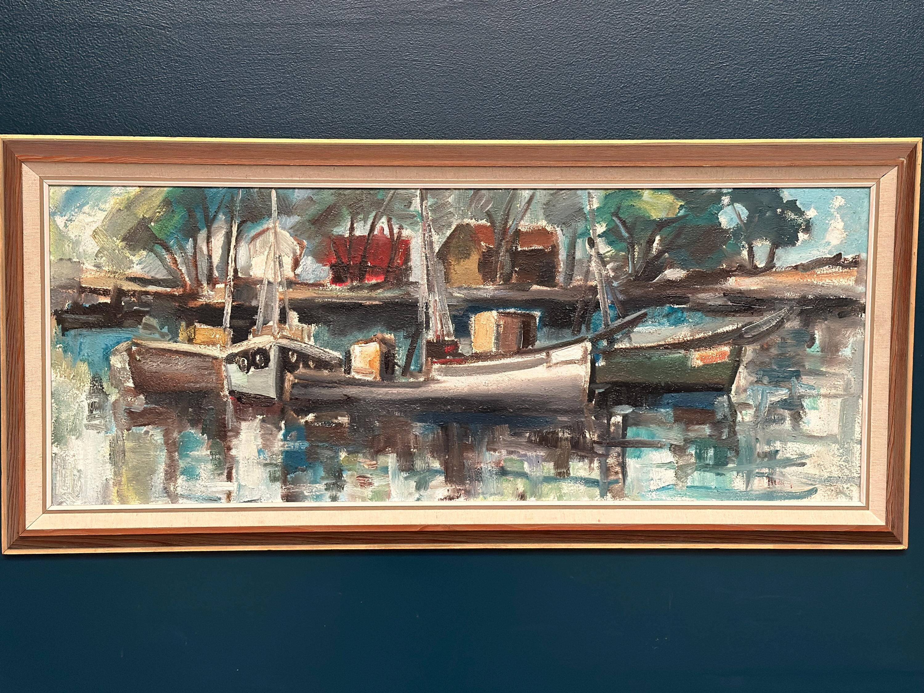 Huile sur panneau d'origine suédoise – « Motif de port » par Dag Björn Hellsing – Vintage et encadrée