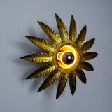 Sun wall lamp by ferro arte, metal and gold leaf, Spain, 1960