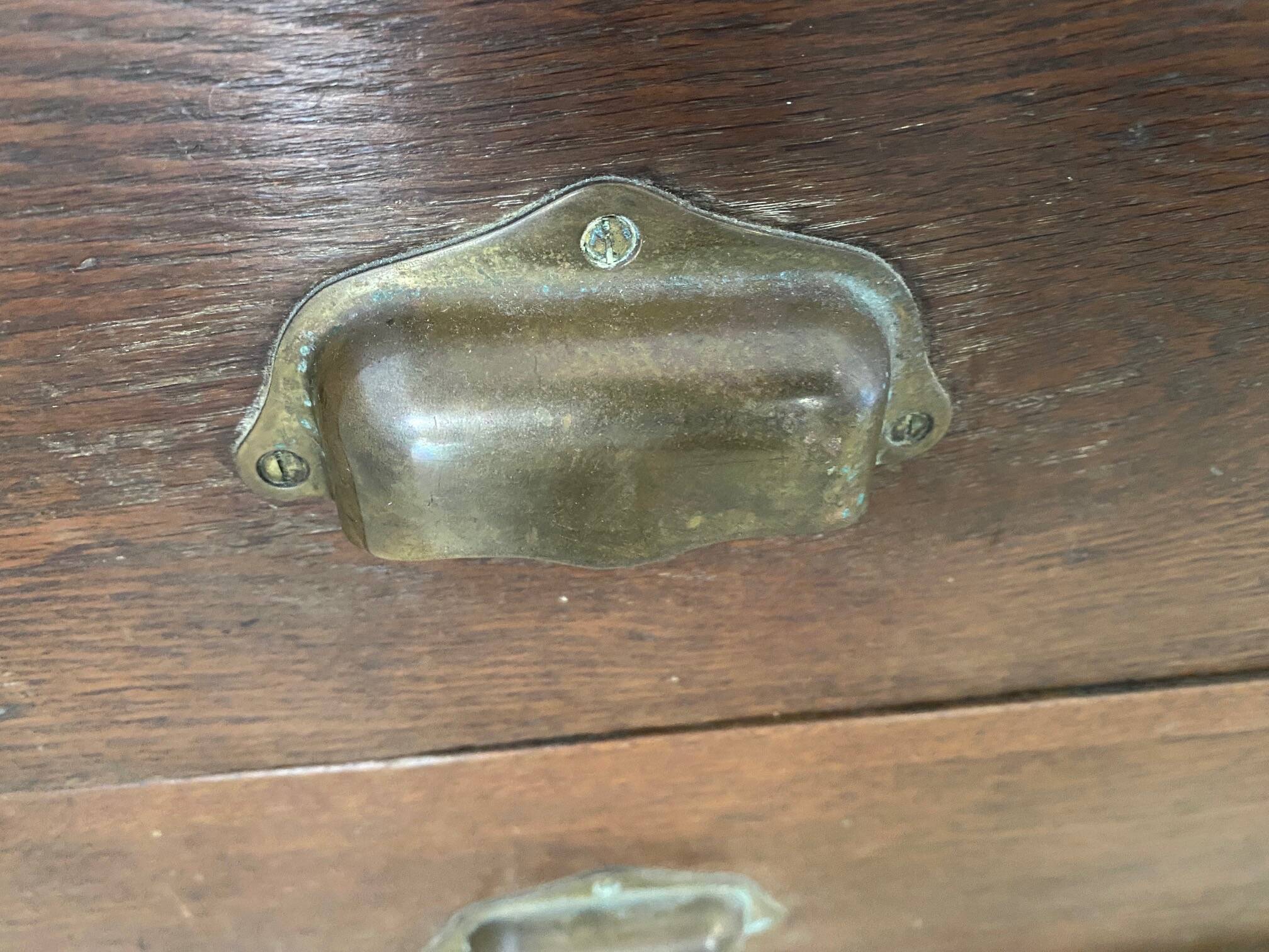 Old and authentic workshop counter with 3 large oak drawers.