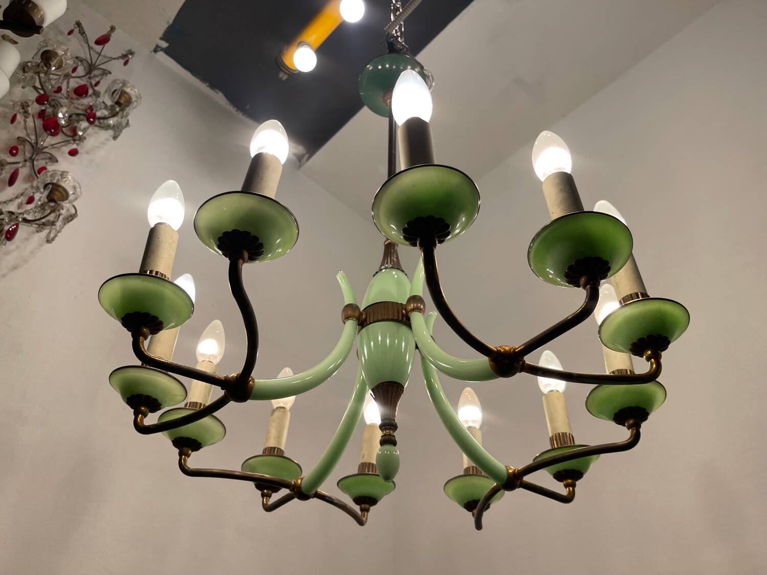1950’s Opaline Glass Bronze Chandelier
