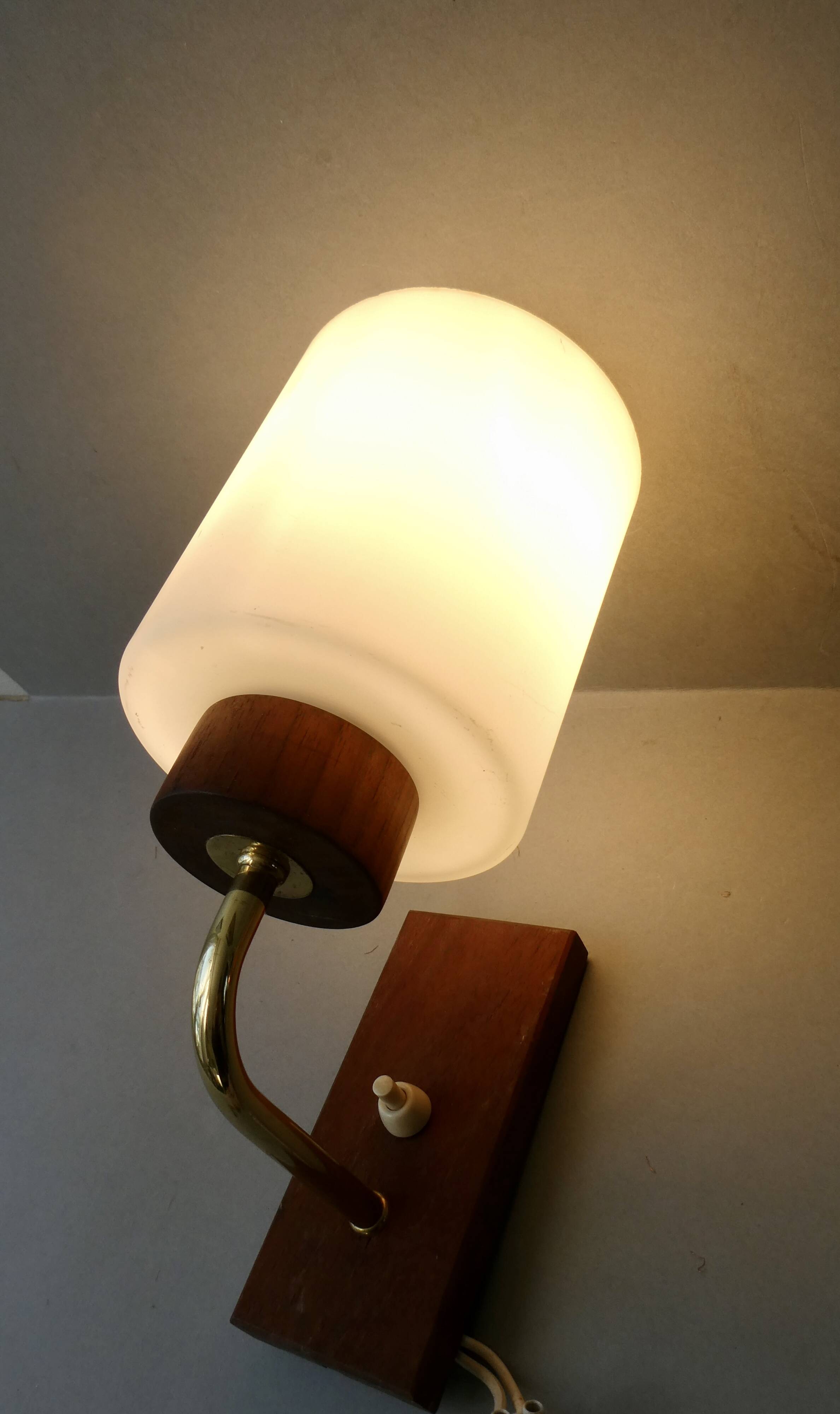 Scandinavian wall lamp in teak and opaline, 1970s