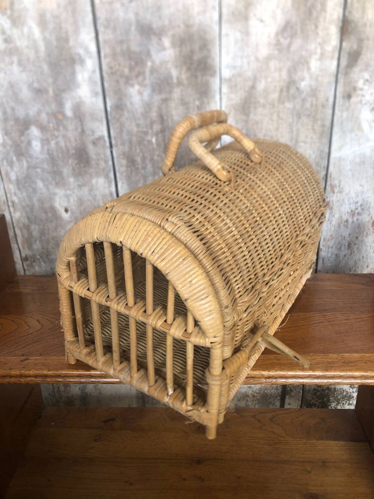Old basket transport trunk rattan cage puppies kittens animals vintage