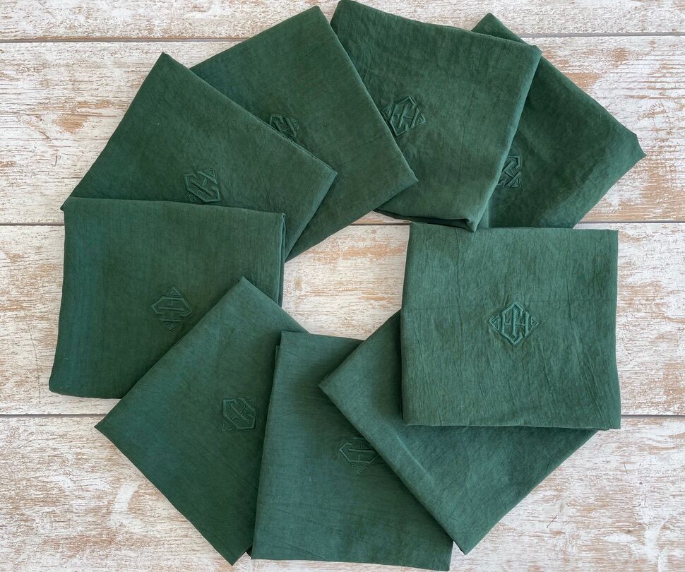 Set of 8 monogrammed fir green towels EH - 65x61cm - linen