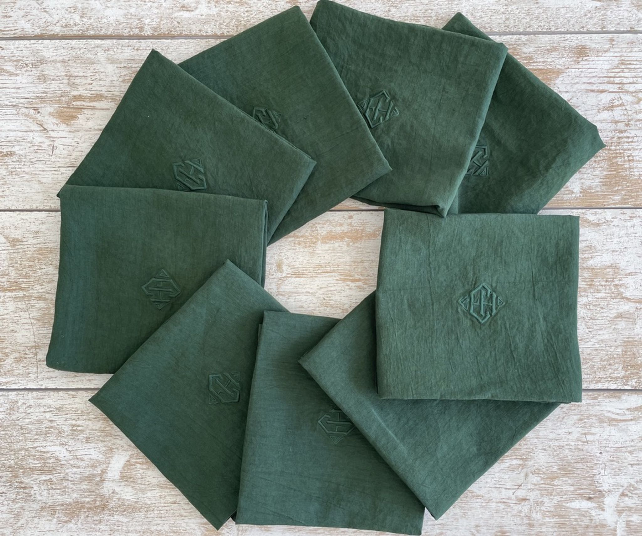 Set of 8 monogrammed fir green towels EH - 65x61cm - linen