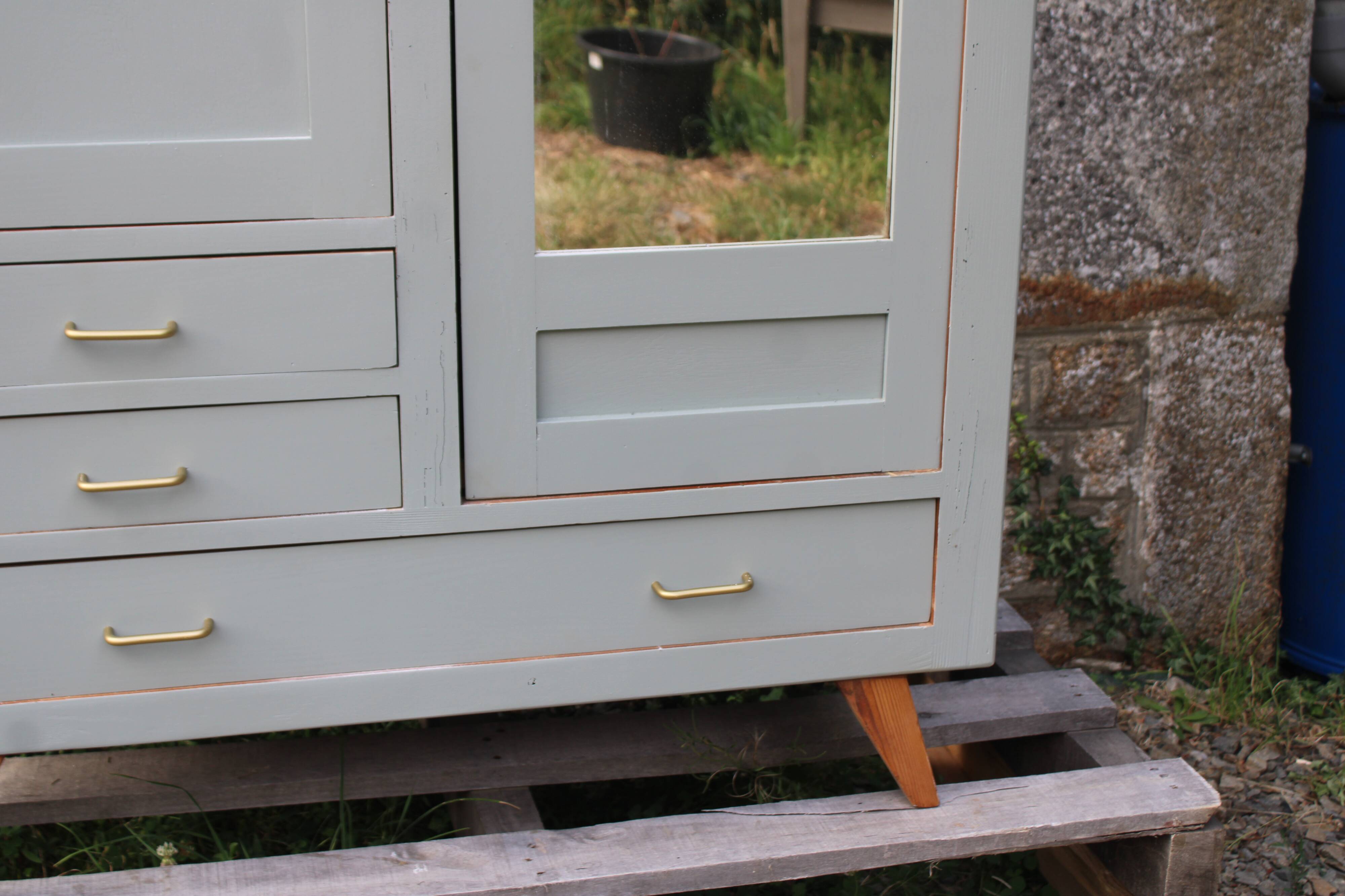 Vintage Parisian wardrobe in sage green – Mirror, hanging space and drawers