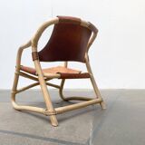 Mid-century safari lounge chair in bamboo and Danish leather, 1960s.