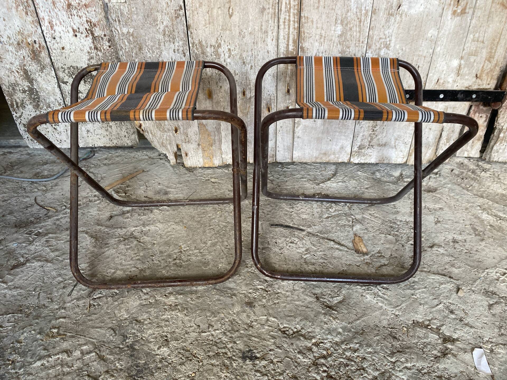 Pair of Folding Camping Fishing Stools Metal Tube + Vintage Fabric #E31