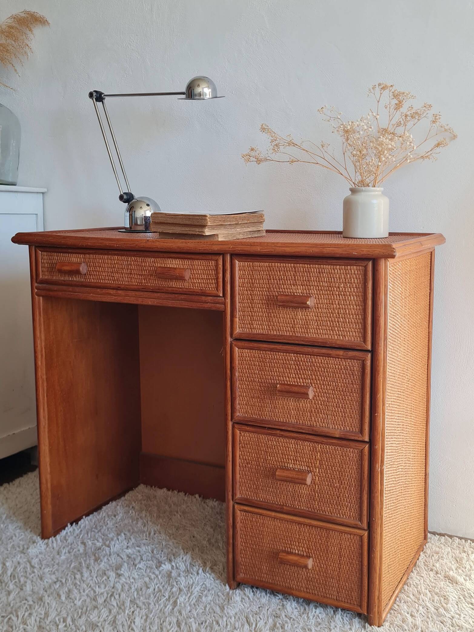 Vintage rattan desk from the 1970s.