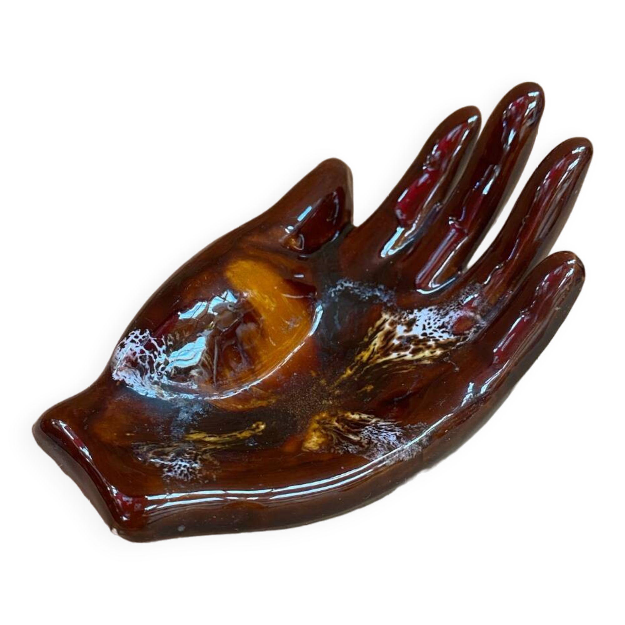 Old vallauris hand shaped brown ceramic pocket tray vintage decoration