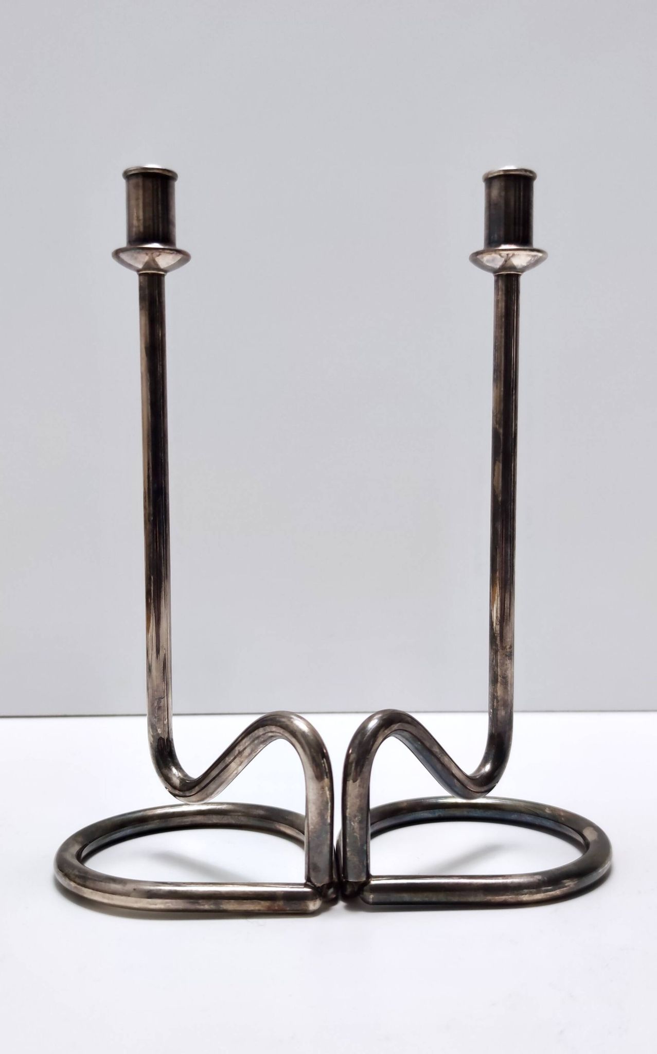 Minimalist Pair of Silver Plated Metal Candleholders in the Style of Sabattini