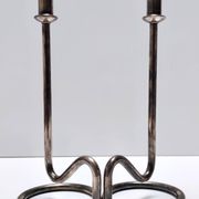 Minimalist Pair of Silver Plated Metal Candleholders in the Style of Sabattini