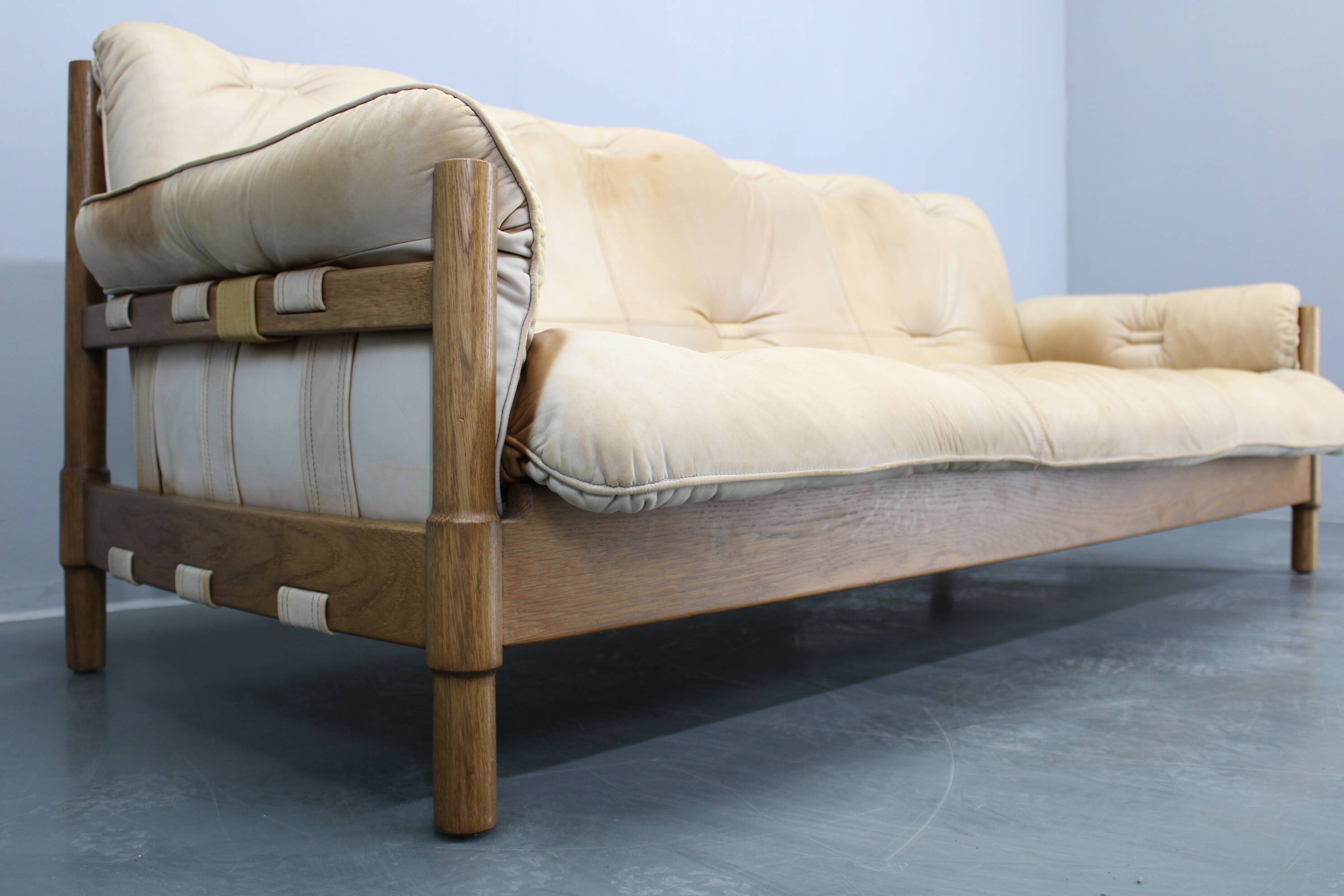 1960s Oak Scandinavian 3-Seater Sofa in Fine Leather Upholstery