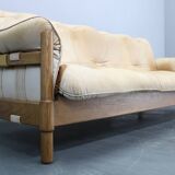 1960s Oak Scandinavian 3-Seater Sofa in Fine Leather Upholstery
