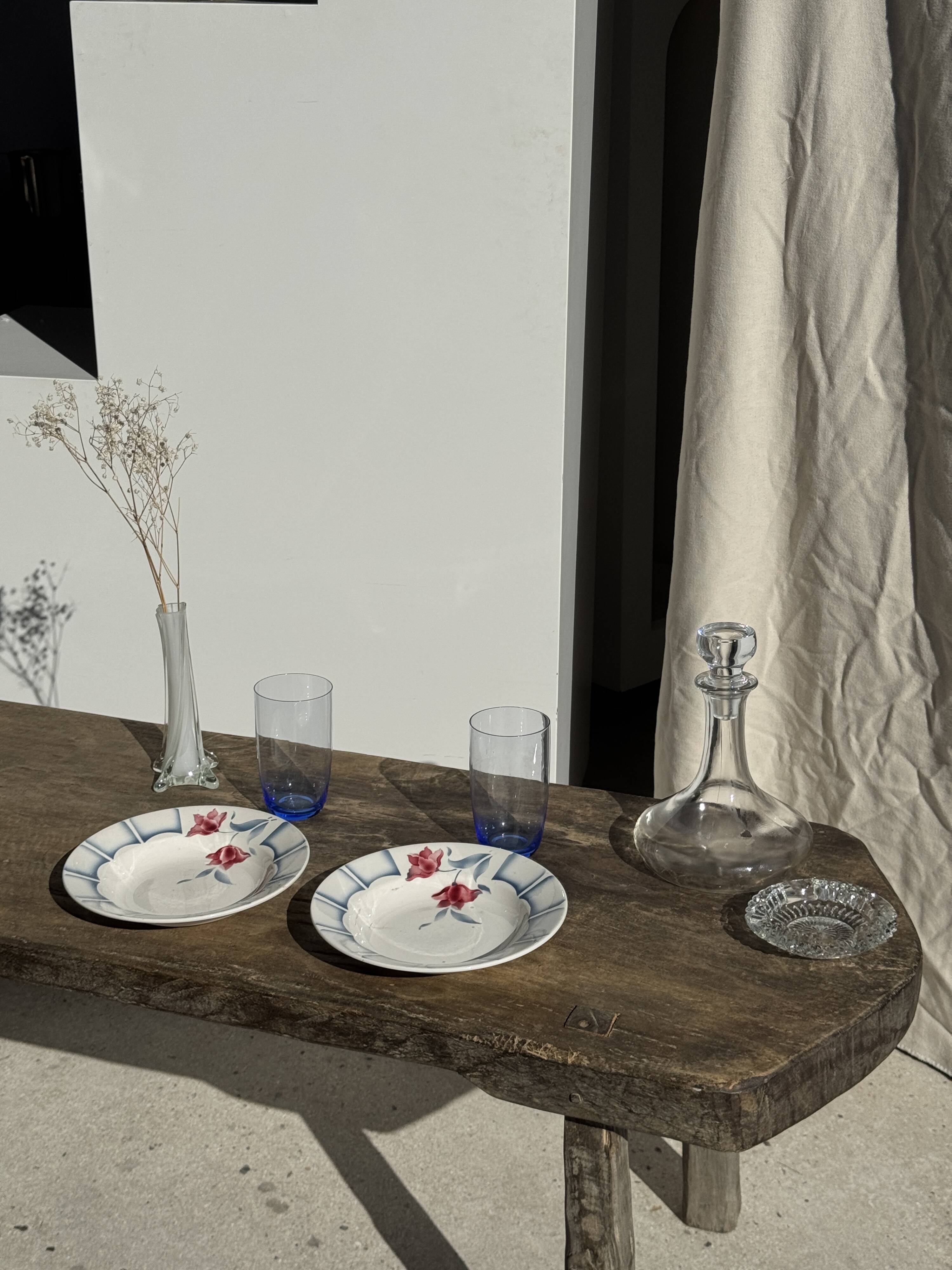 Set of 3 deep plates Digoin Sarreguemines blue with pink flowers D23