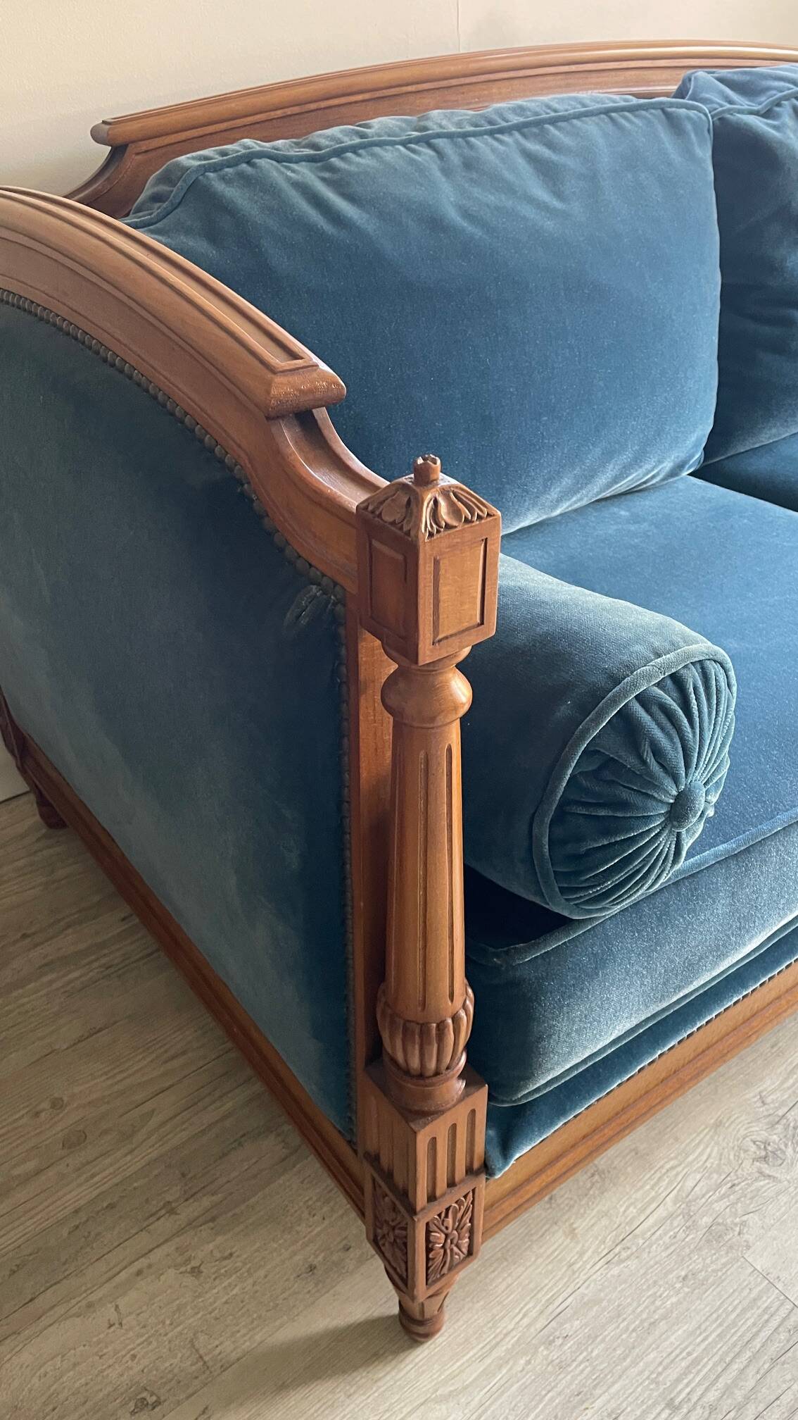 Jean Roche Vintage Wood and Velvet Sofa