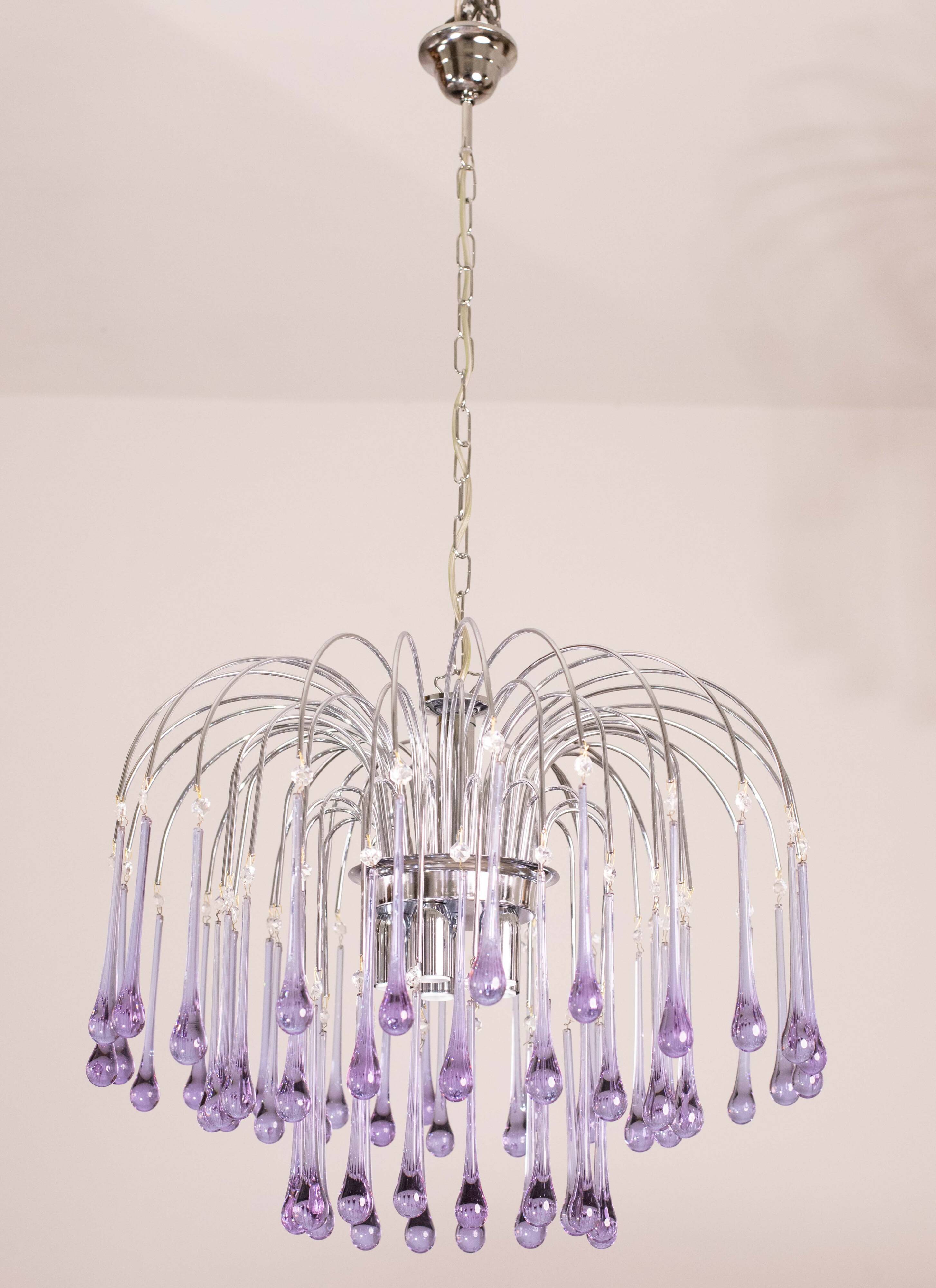 The Purple Crown, LArge Size Murano Chandelier Purple and Crystal Drops, 19