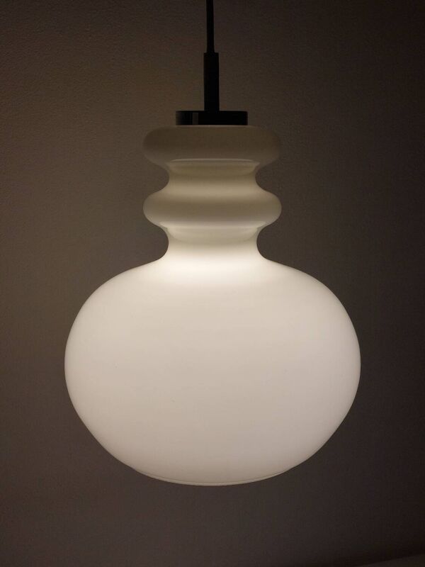 Vintage ceiling lamp Peill & Putzler in chrome and opal glass from the space age.