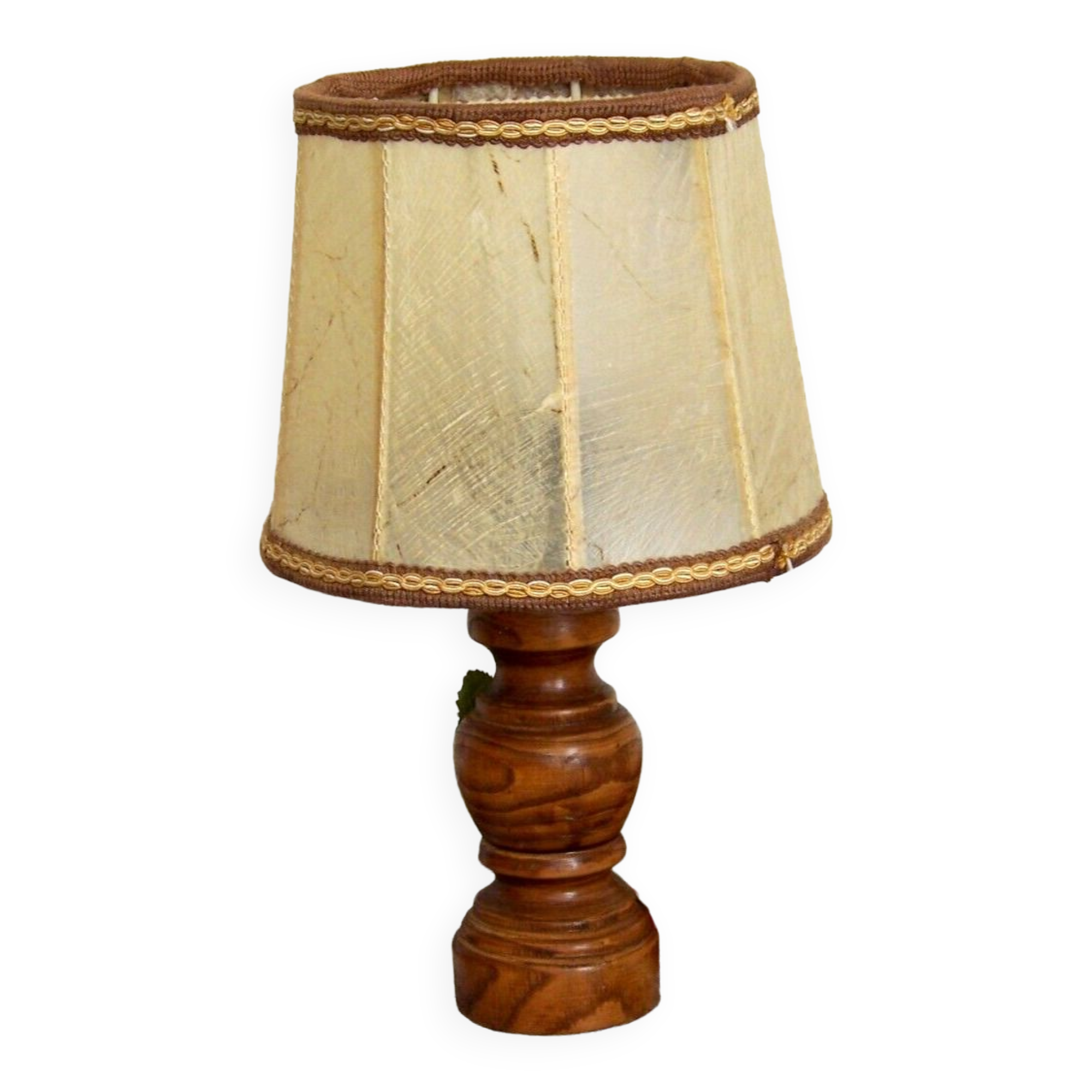 Small French Round Turned Wood Table Lamp With Hand Made Hide Skin Shade 4355