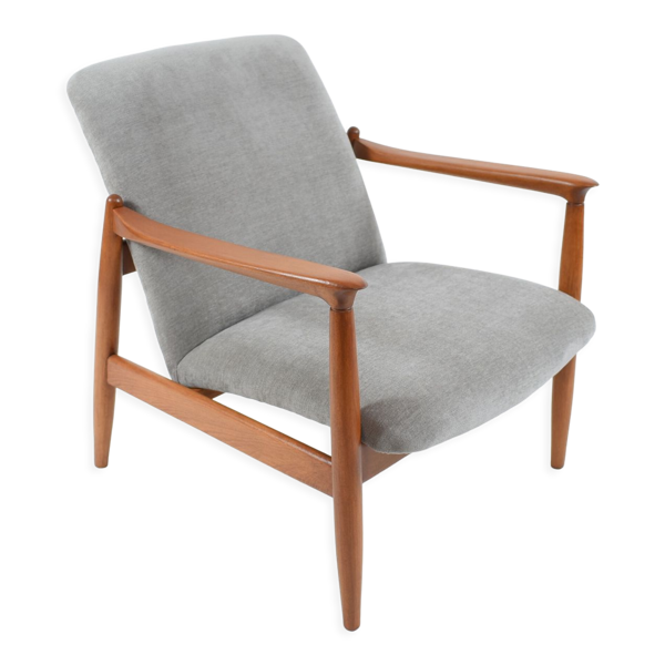Fauteuil vintage restauré d’origine designer E. Homma, tissu gris