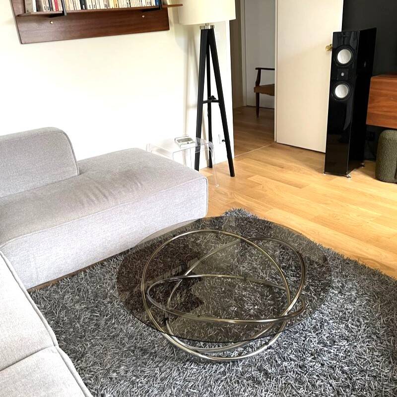 Table basse ronde en chrome et verre fumé, Miniforms "Swirl", Made in Italy