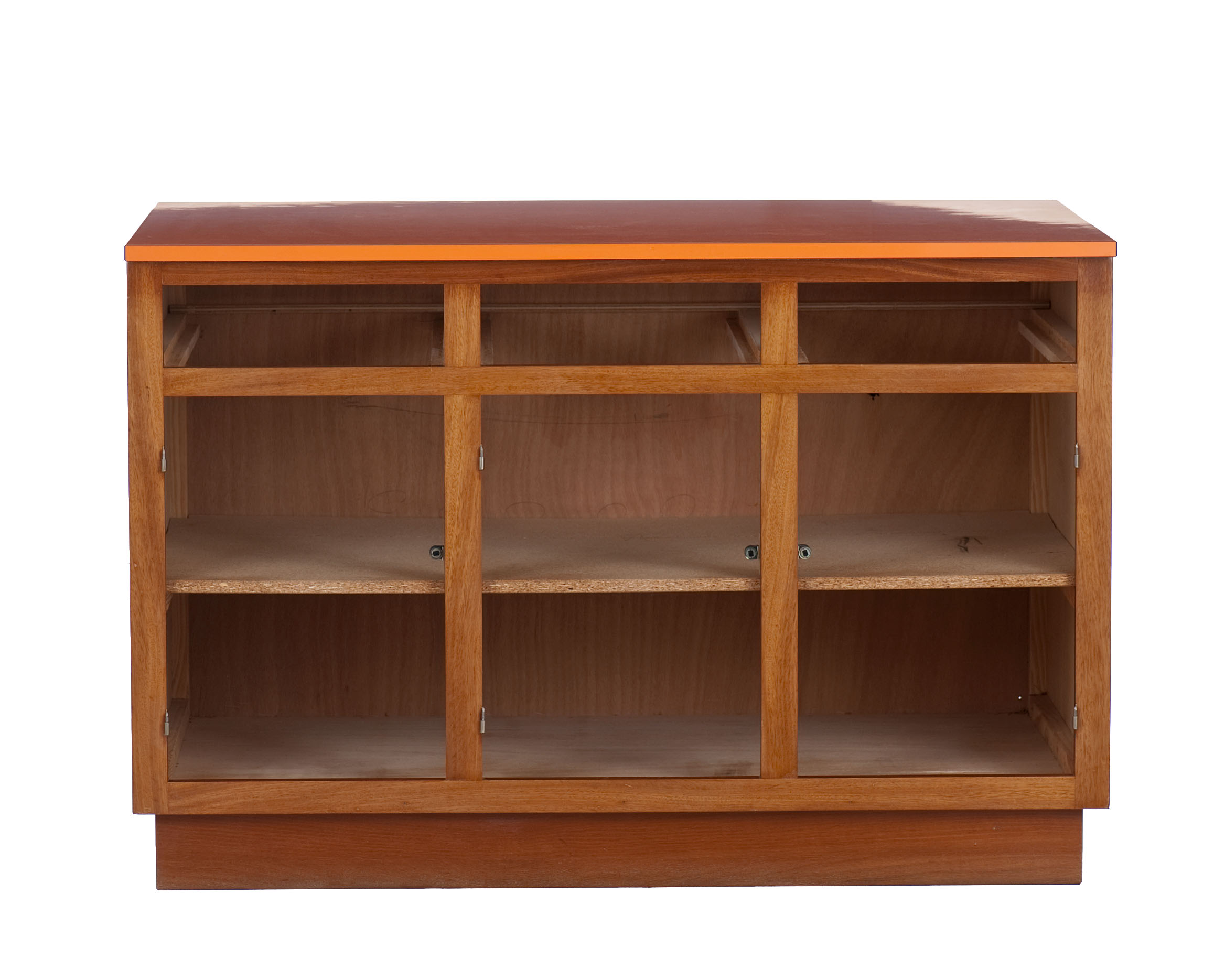 Vintage trading counter in wood and formica orange 1960