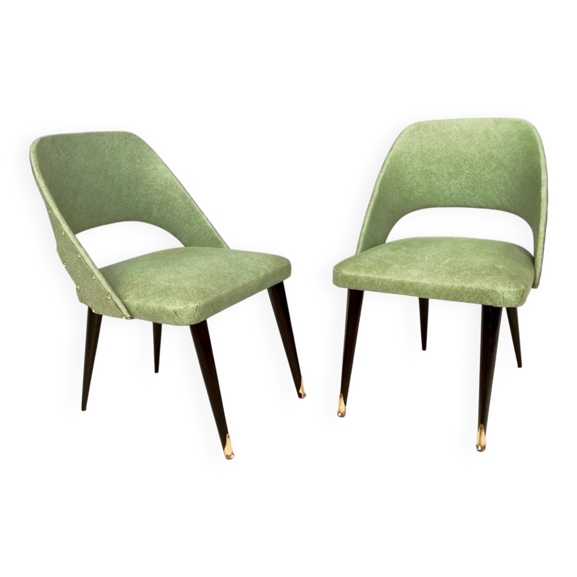 Pair of Vintage Green Skai Side Chairs with Ebonized Wood Legs, Italy