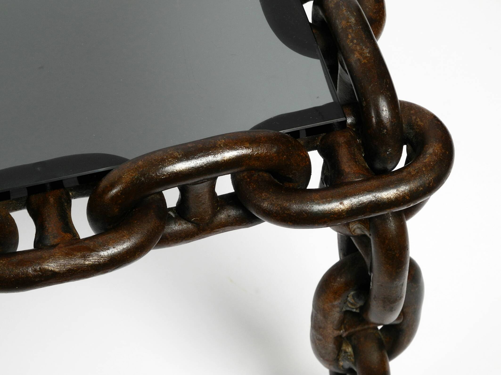 1970s XL Coffee Table Made of Nautical Iron Chain and a Thick Smoked Glass