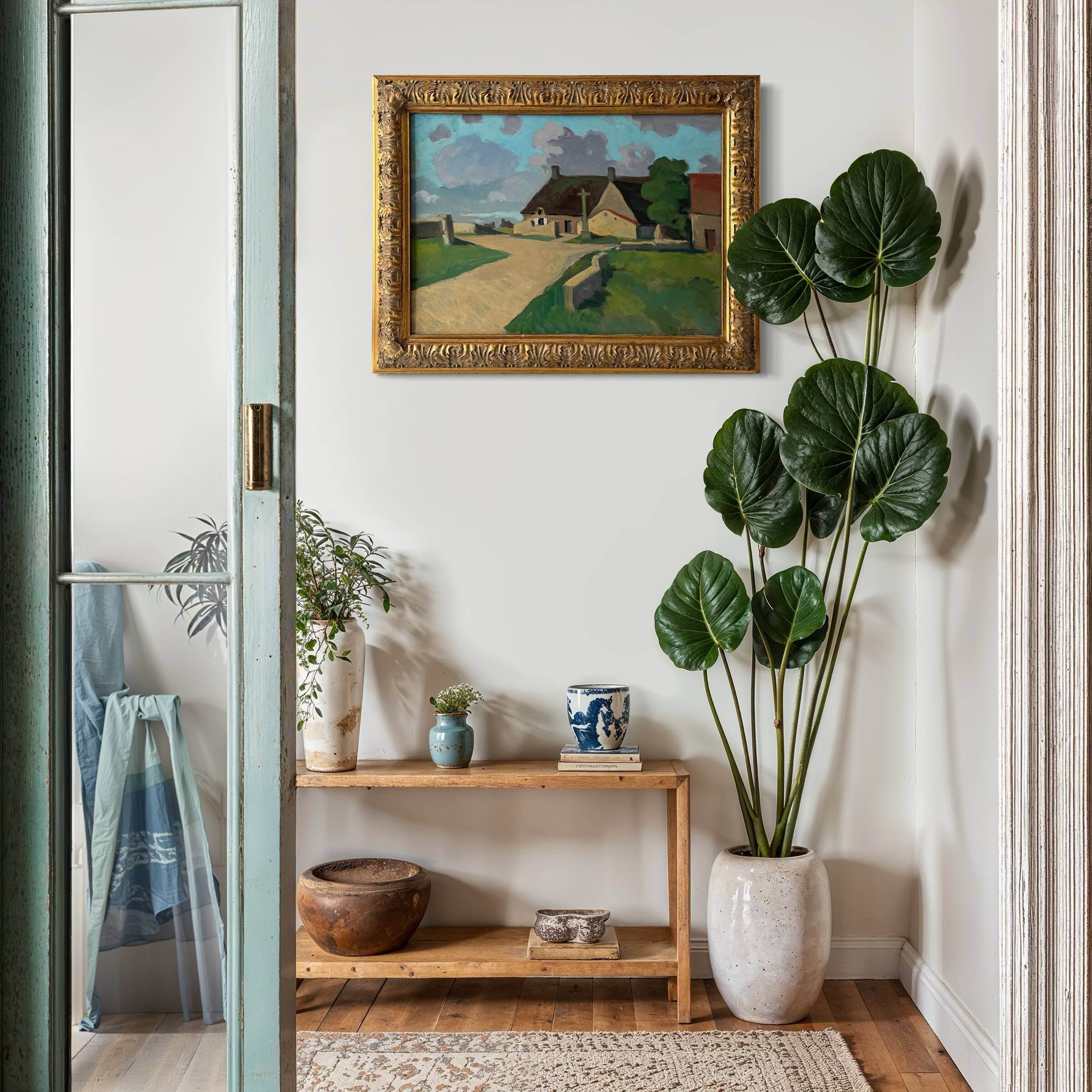 Large oil on panel of a Breton landscape 1950, antique painting signed.