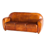 Vintage leather club sofa. Art Deco style. France, 1950s. (sofa convertible into bed)