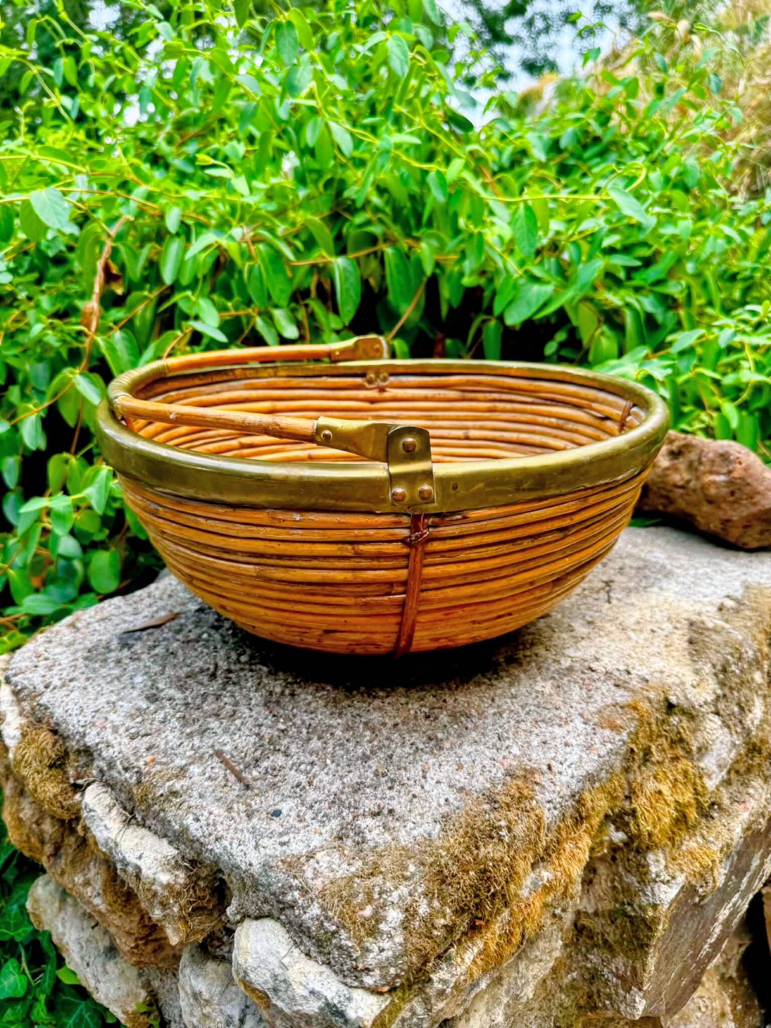 Large rattan basket brass Gabriella Crespi 1960s