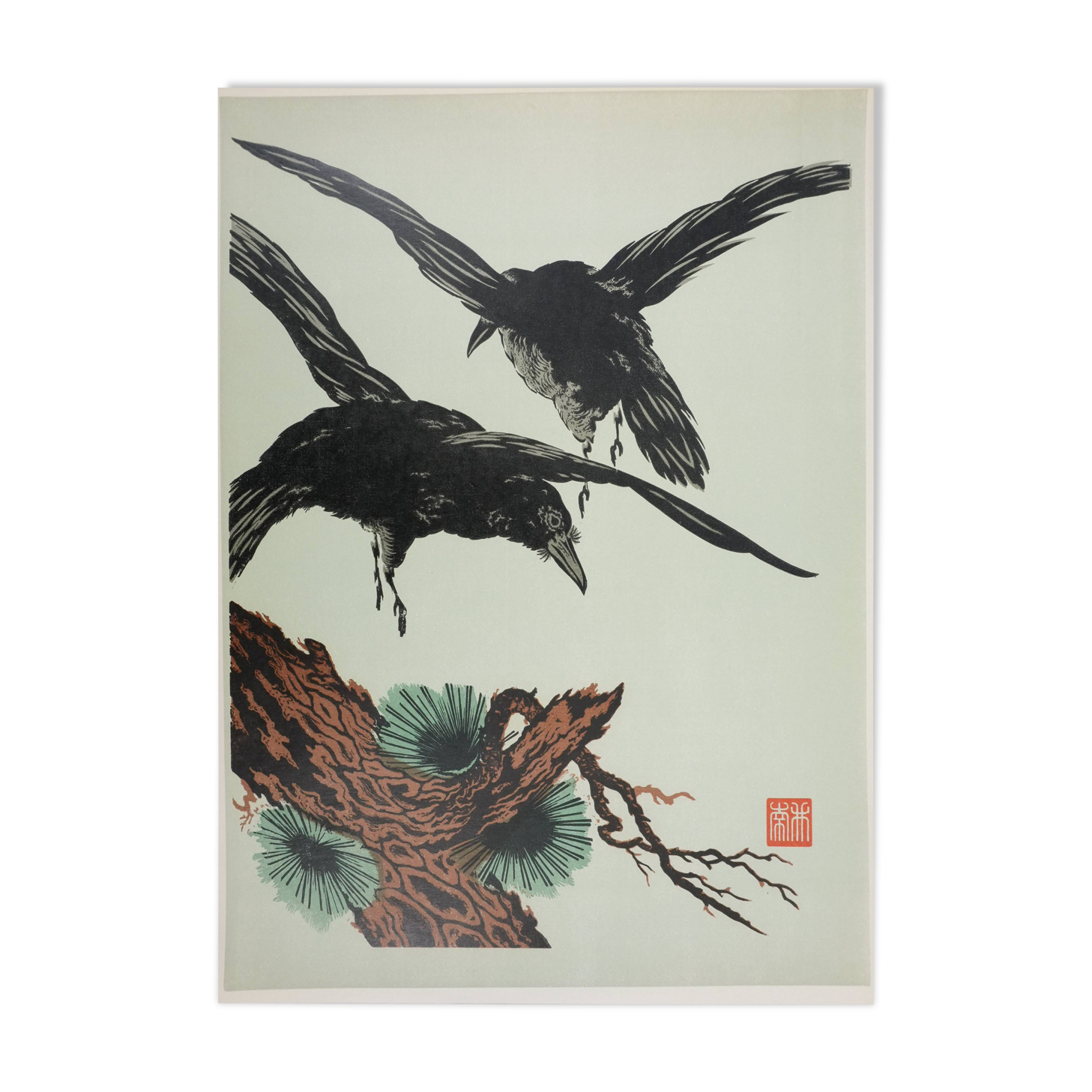 Mokuchu Urushibara: Japanese print, The Flight of the Crows (green), signed woodblock print.