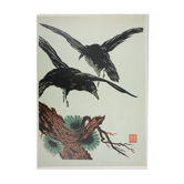 Mokuchu Urushibara : Estampe japonaise, L'envol des corbeaux (vert), gravure sur bois signée