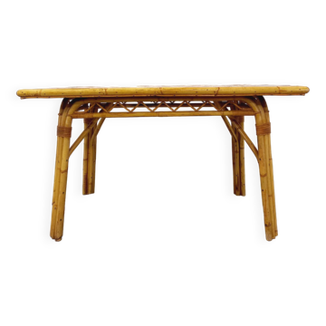 Table à manger vintage en rotin et céramique de Vallauris des années 50 60