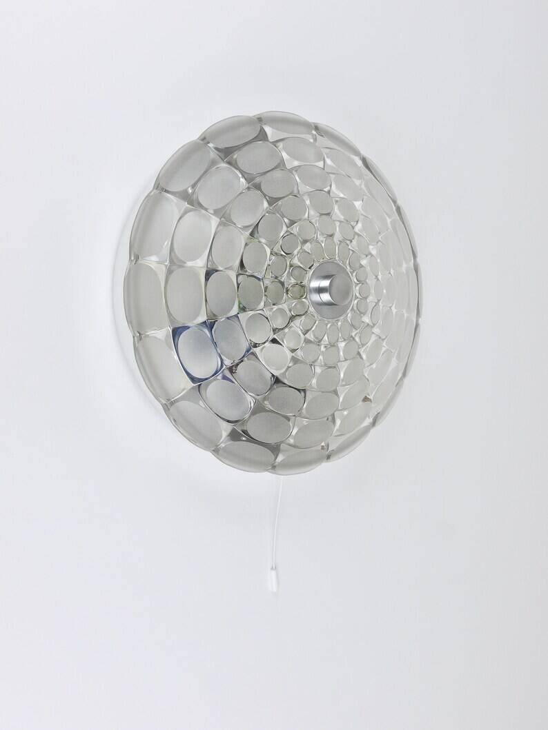 Peill & Putzer Large Round Op Art Glass Sconce, Wall Lamp, Flush Mount, Germany, 1970s
