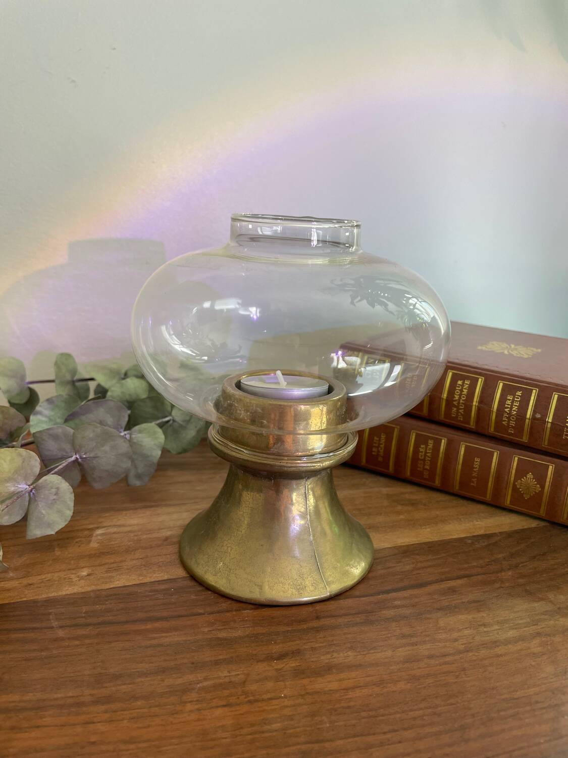 Glass and brass candle holder