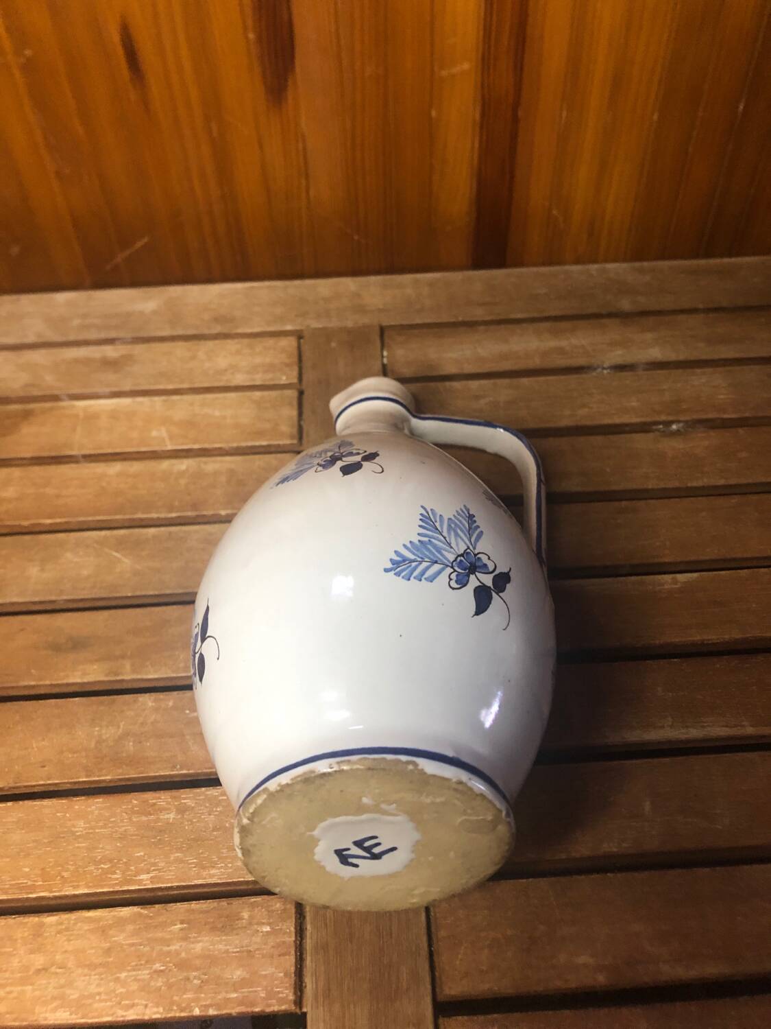 Old white ceramic pitcher vintage painted blue decor #a425