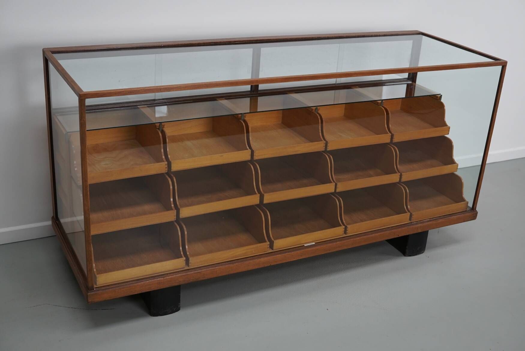Antique British maple & hardwood haberdashery cabinet or shop counter, 1930s