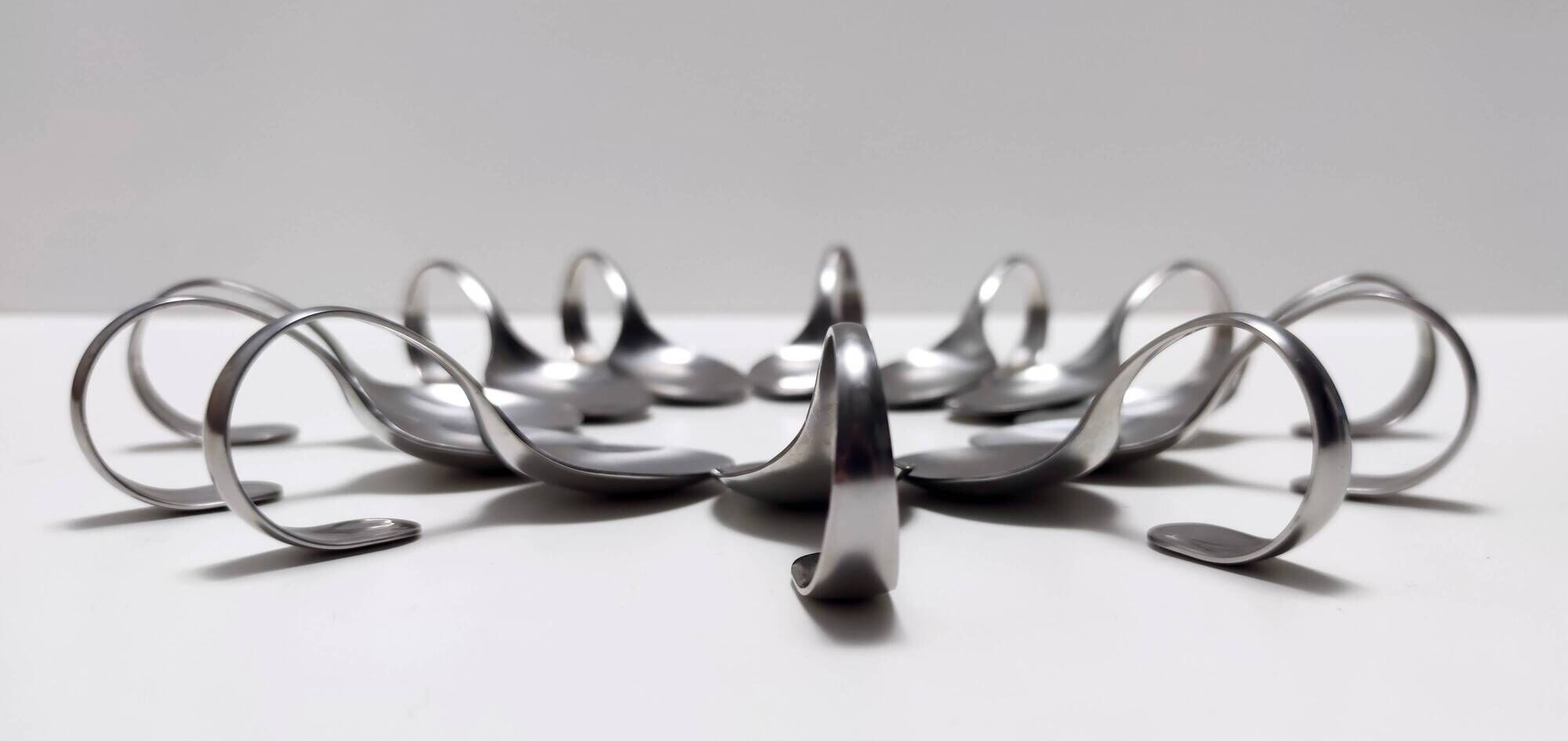 Postmodern Set of Twelve Steel Serving Spoon by Pinti, Italy, 1980s