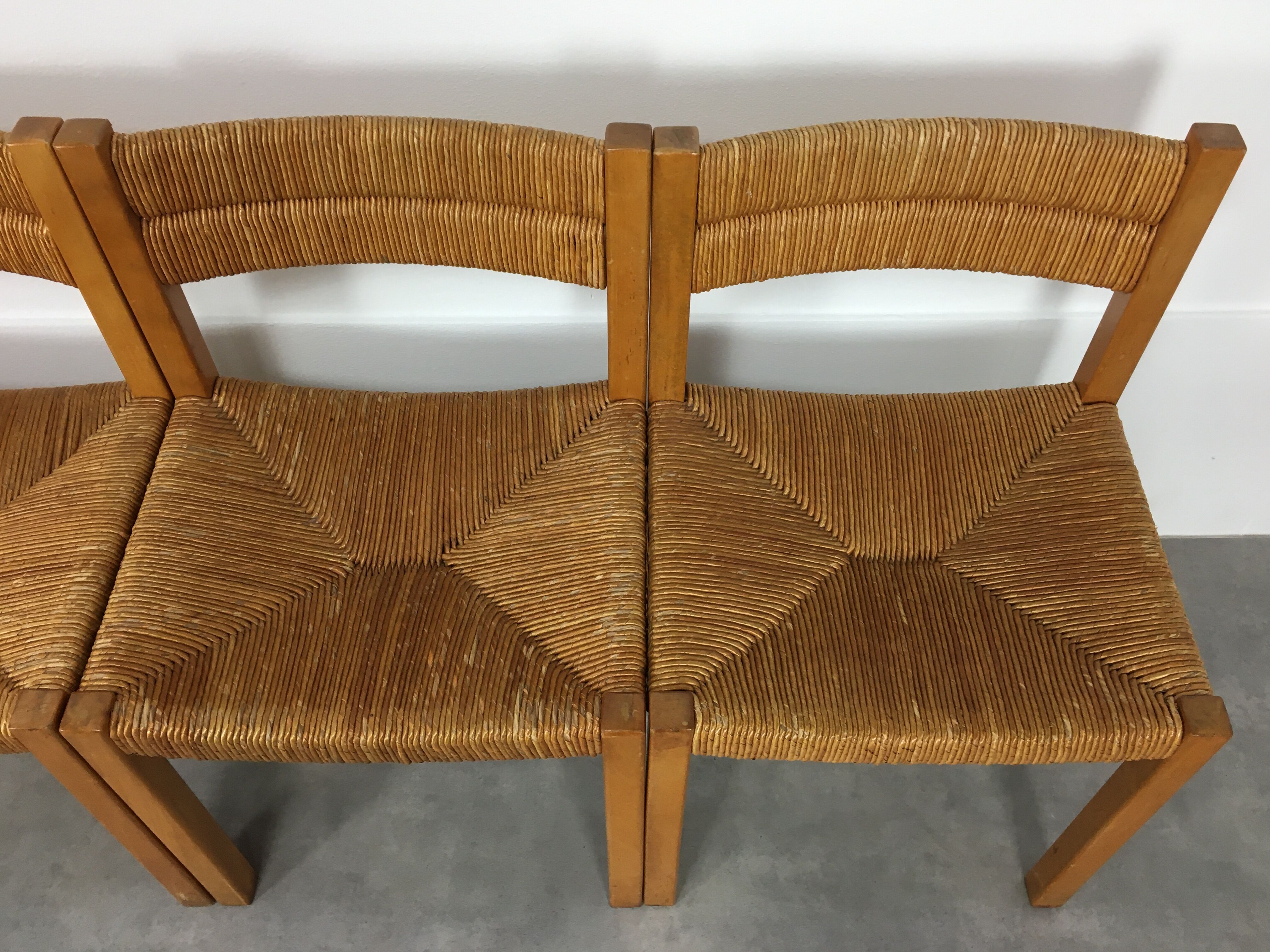 Set of 5 chairs in wood and straw, 60s