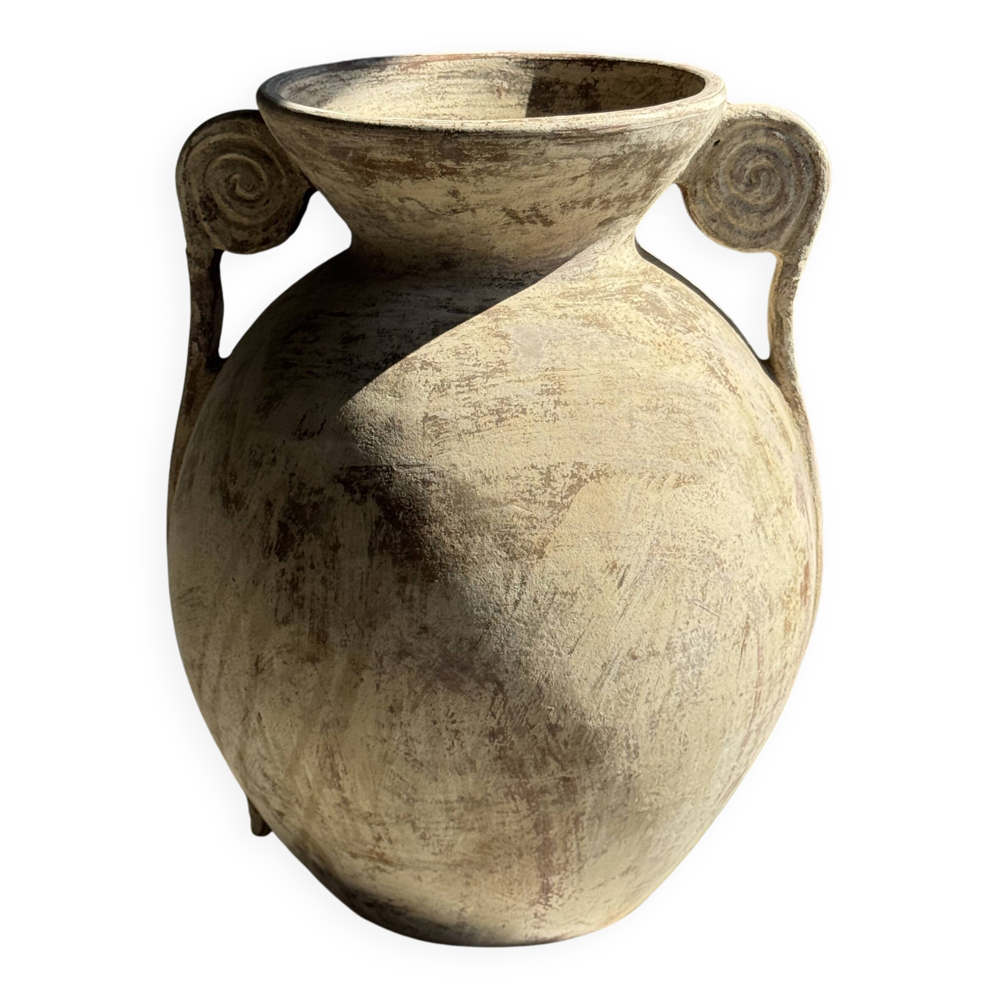 Large cream vase with double spiral handles in antique style, made of terracotta, H42 D3.