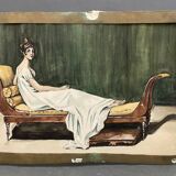 Aquarelle recto verso Madame Récamier milieu XXe
