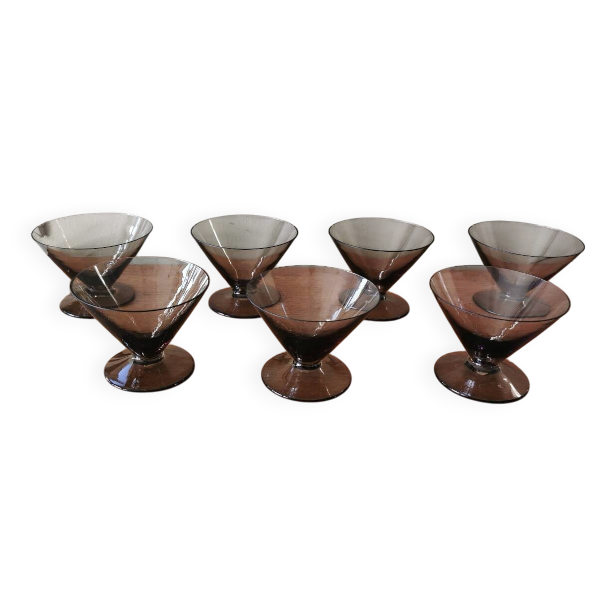 Set of 7 smoked glass art deco cups