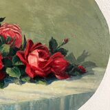 Peinture ancienne huile sur bois ovale jetée de roses années 30