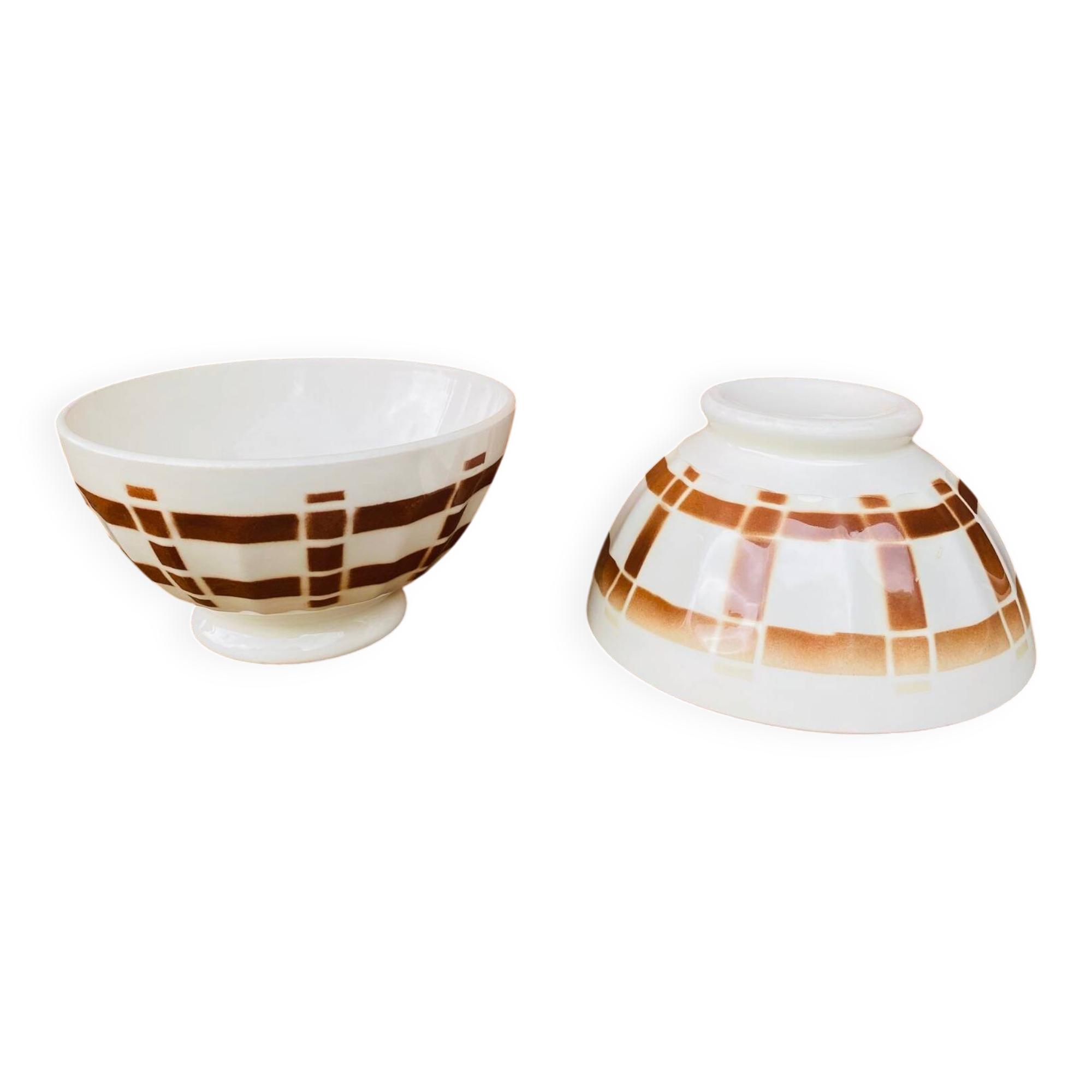 Pair of antique bowls, brown tablecloth model, Digoin Sarreguemines