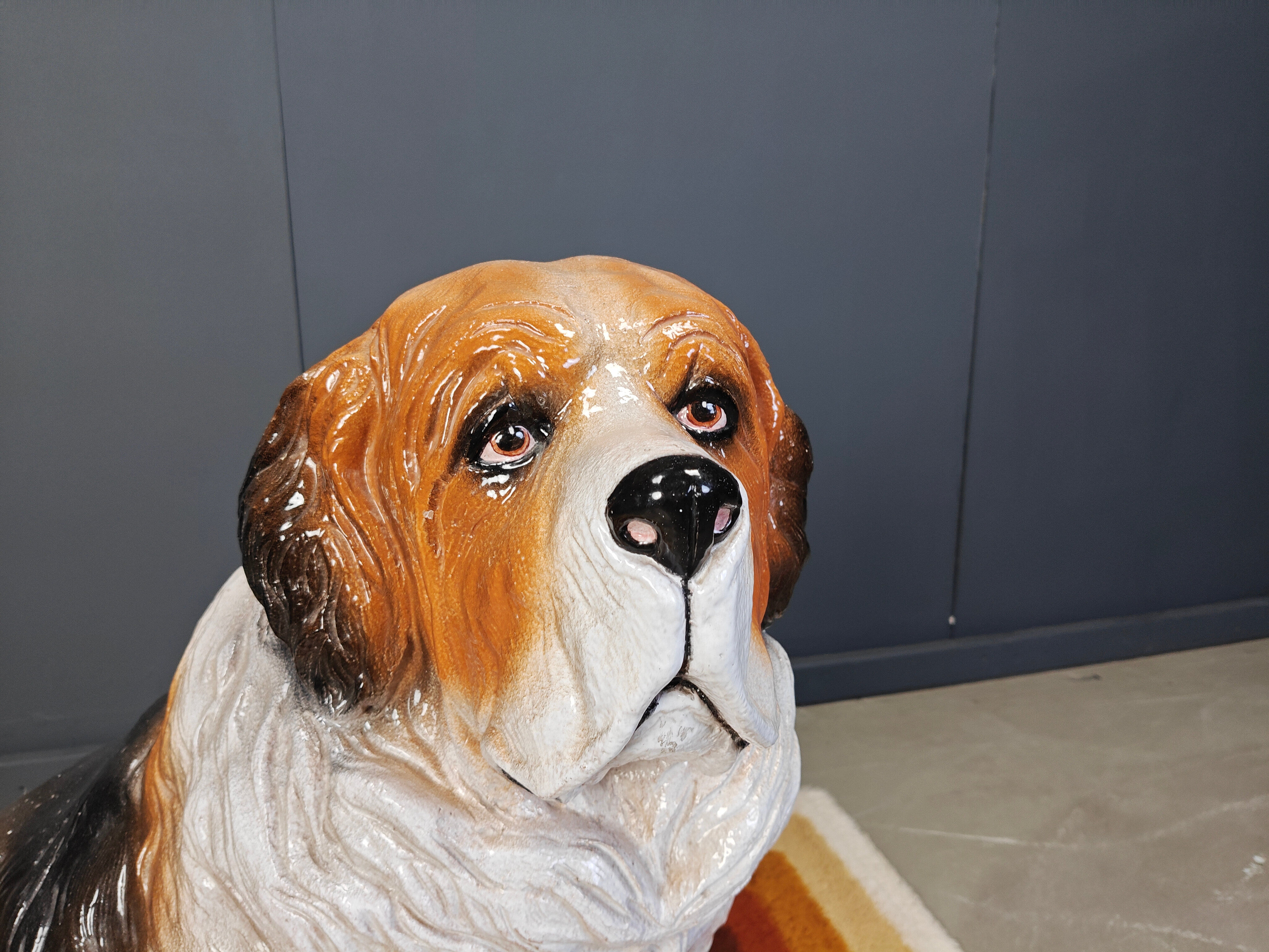 Life sized vintage glazed terracotta St Bernard dog sculpture, 1960s