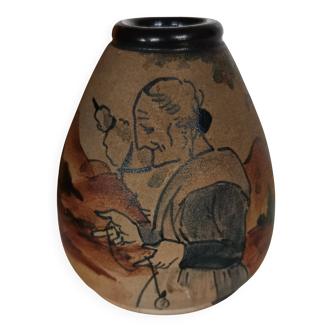 Ciboure stoneware vase, antique, signed Touton 1930, woman spinning in front of her farm.