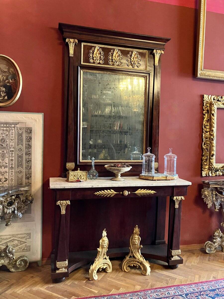 Italian Empire Mahogany and Parcel Gilt Console with Mirror and Carrara Marble Top, Late 18th Century